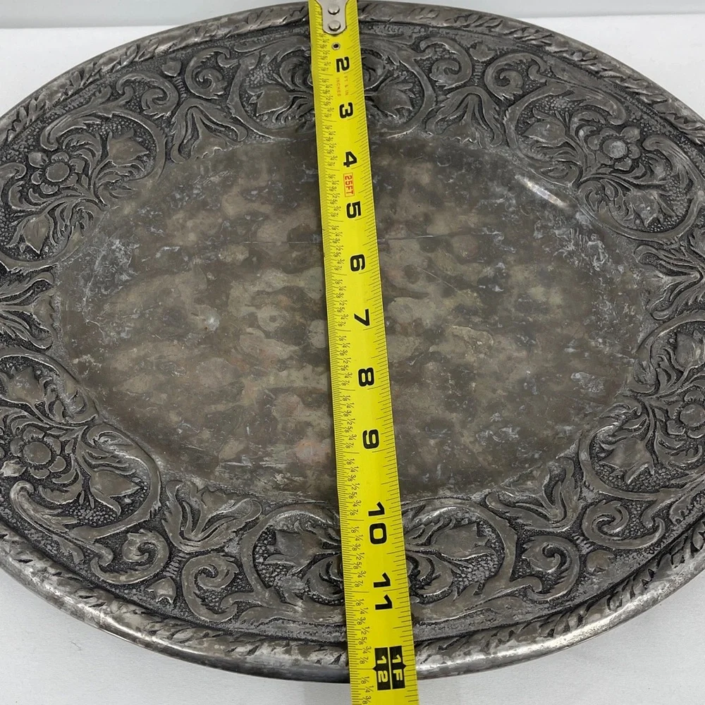 Wilton Armetale Antique-Style Embossed Round PEWTER Tray in Silver Gray WW&MARY